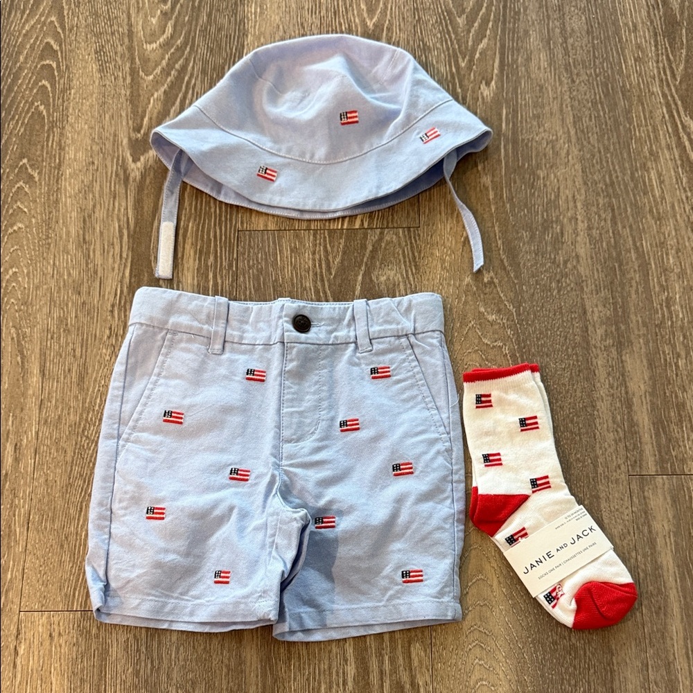 Janie and Jack Light Blue American Set with Hat and Socks